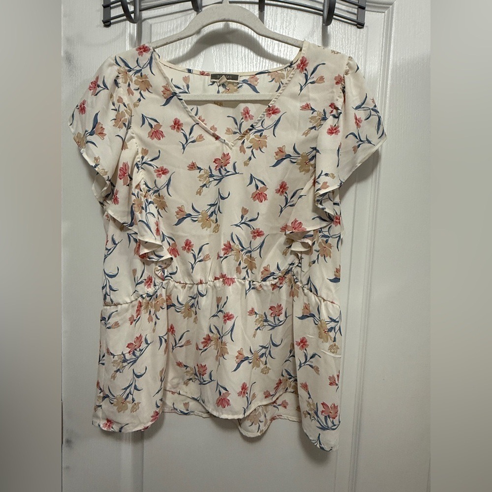 Pleione Top Womens L Peplum Blouse Cream‎ Pink Floral Ruffle Cottagecore Preppy